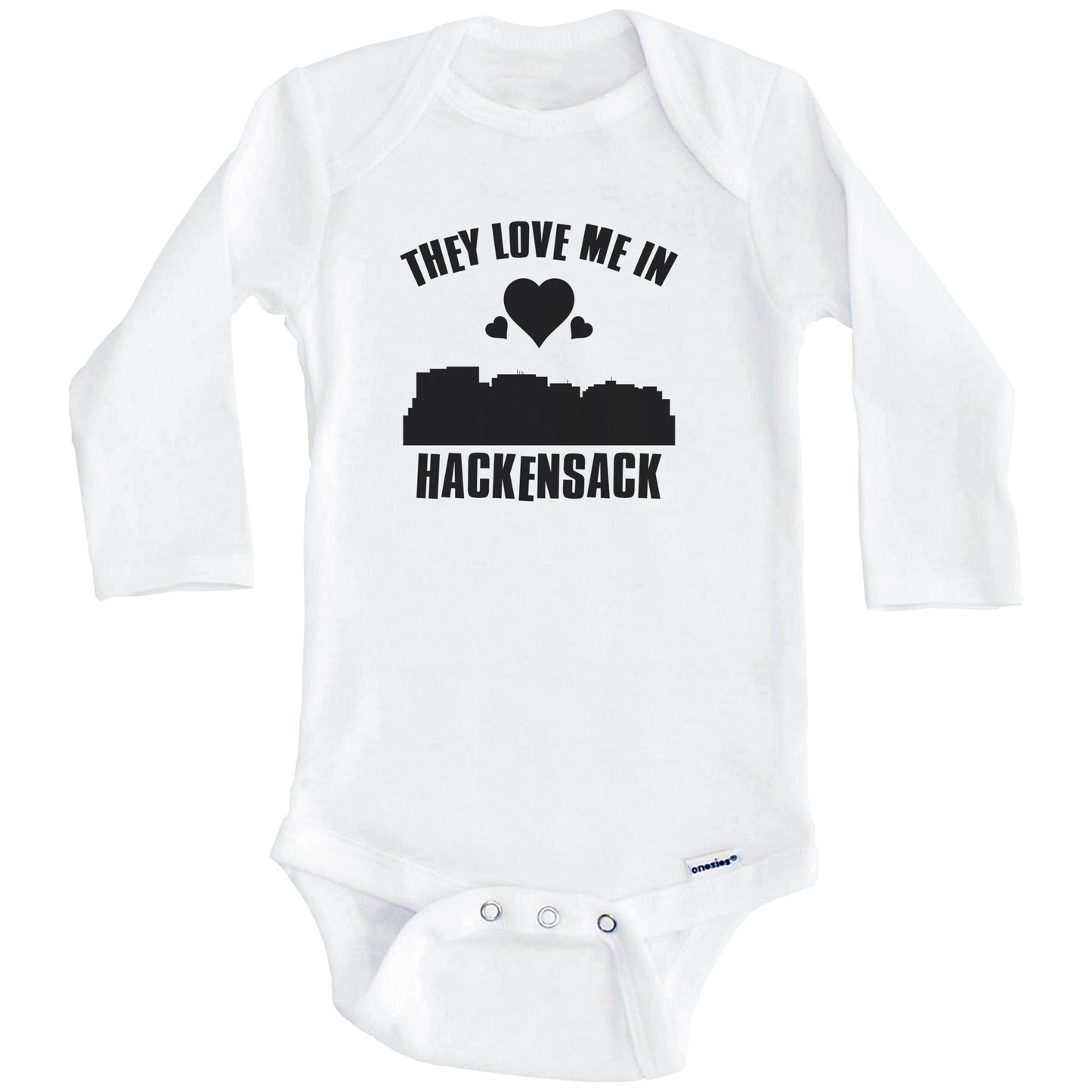 They Love Me In Hackensack New Jersey Hearts Skyline One Piece Baby Bodysuit (Long Sleeves)