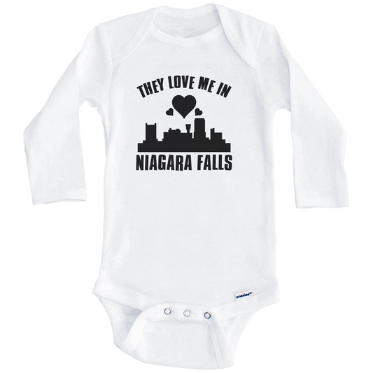 They Love Me In Niagara Falls New York Hearts Skyline One Piece Baby Bodysuit (Long Sleeves)