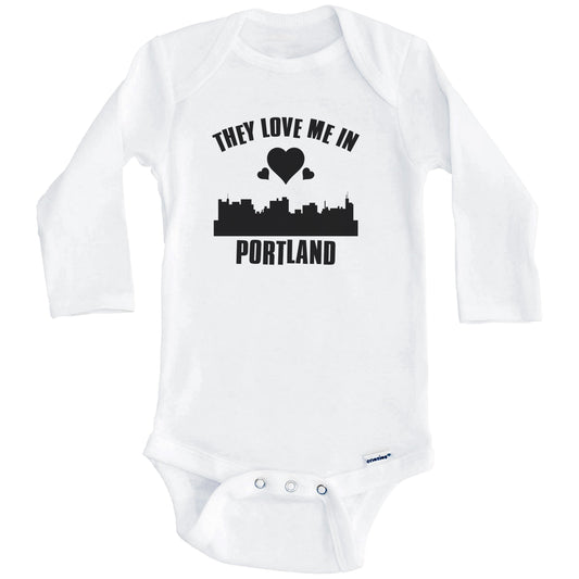 They Love Me In Portland Maine Hearts Skyline One Piece Baby Bodysuit (Long Sleeves)