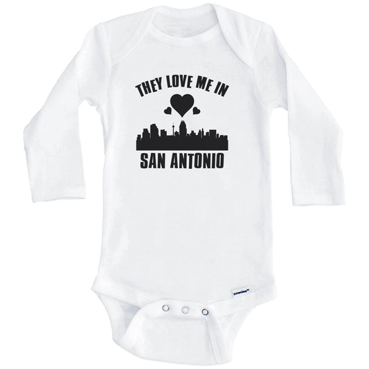 They Love Me In San Antonio Texas Hearts Skyline One Piece Baby Bodysuit (Long Sleeves)