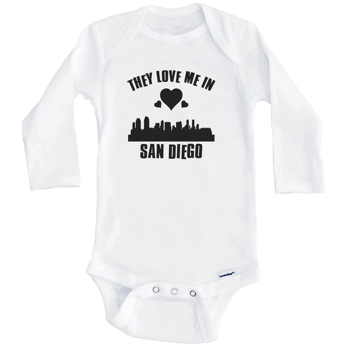 They Love Me In San Diego California Hearts Skyline One Piece Baby Bodysuit (Long Sleeves)