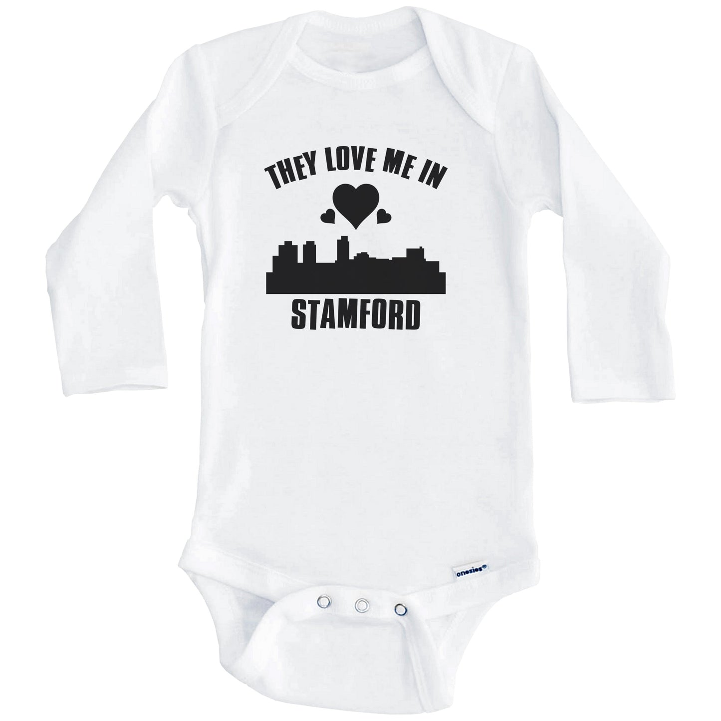 They Love Me In Stamford Connecticut Hearts Skyline One Piece Baby Bodysuit (Long Sleeves)