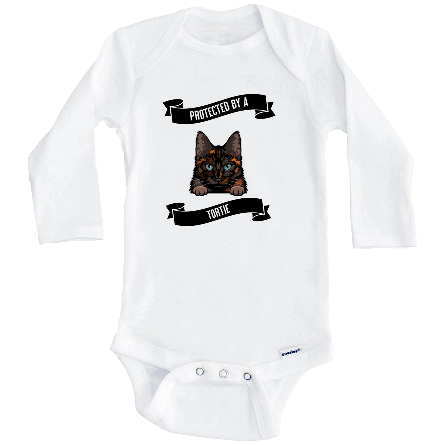 Protected By A Tortie Cat Cute Tortoiseshell Kitten Baby Bodysuit (Long Sleeves)