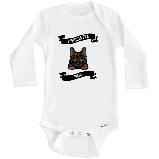 Protected By A Tortie Cat Cute Tortoiseshell Kitten Baby Bodysuit (Long Sleeves)