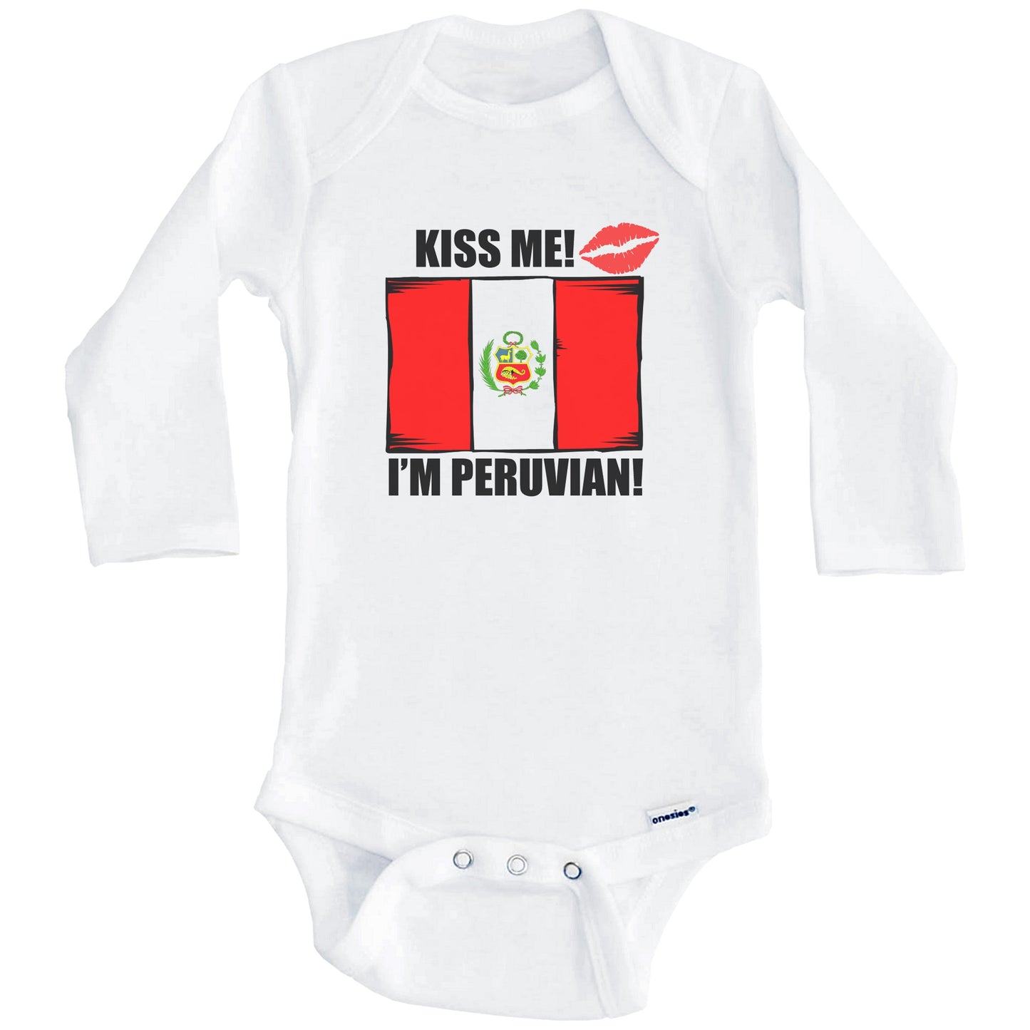 Kiss Me I'm Peruvian Cute Peru Flag Baby Onesie (Long Sleeves)