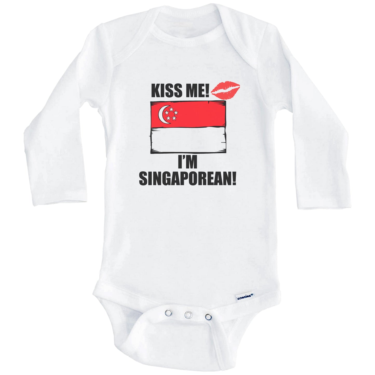 Kiss Me I'm Singaporean Cute Singapore Flag Baby Onesie (Long Sleeves)