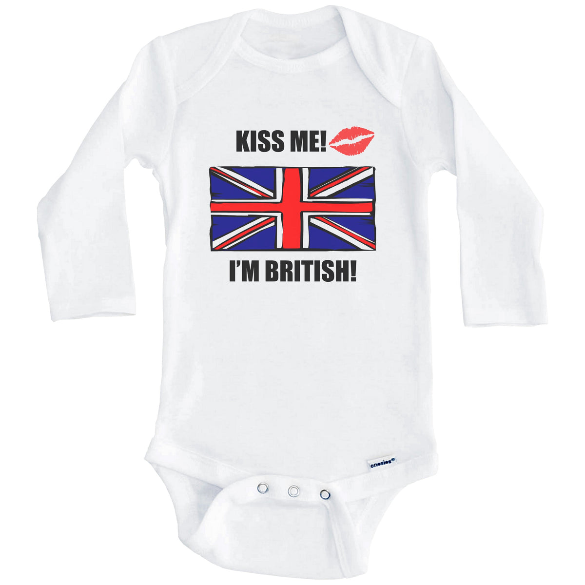 Kiss Me I'm British Cute United Kingdom Flag Baby Onesie (Long Sleeves)