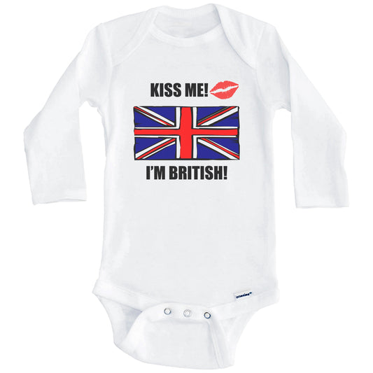 Kiss Me I'm British Cute United Kingdom Flag Baby Onesie (Long Sleeves)