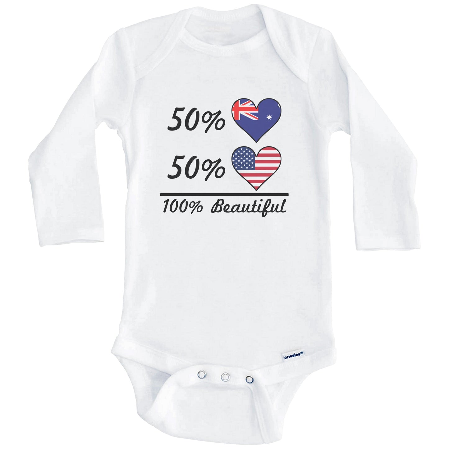 50% Australian 50% American 100% Beautiful Australia Flag Heart Baby Onesie (Long Sleeves)