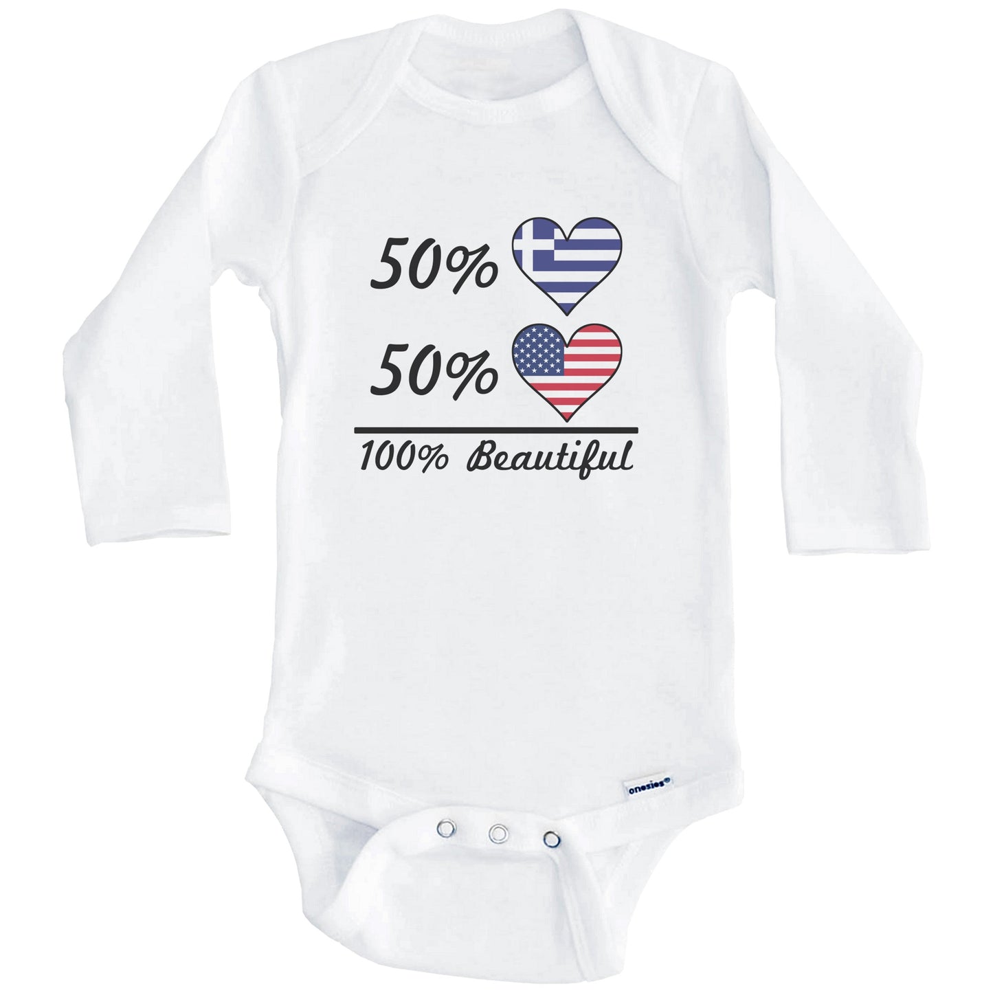 50% Greek 50% American 100% Beautiful Greece Flag Heart Baby Onesie (Long Sleeves)
