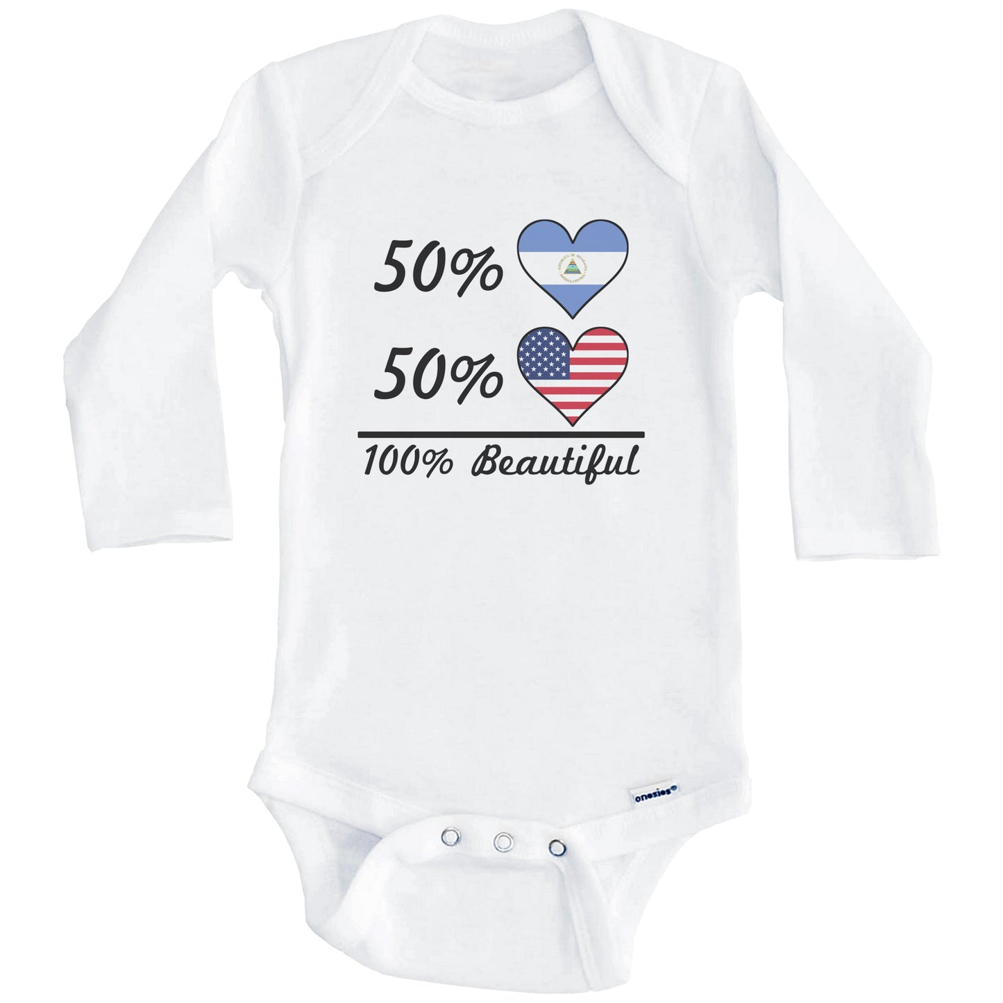 50% Nicaraguan 50% American 100% Beautiful Nicaragua Flag Heart Baby Onesie (Long Sleeves)