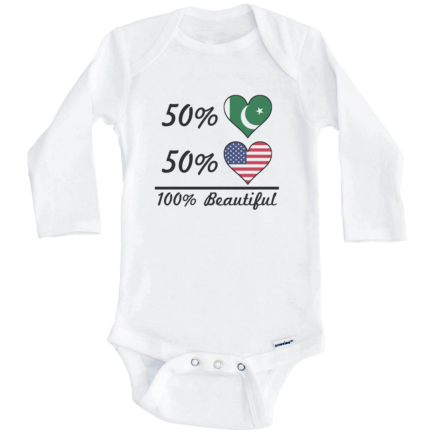50% Pakistani 50% American 100% Beautiful Pakistan Flag Heart Baby Onesie (Long Sleeves)