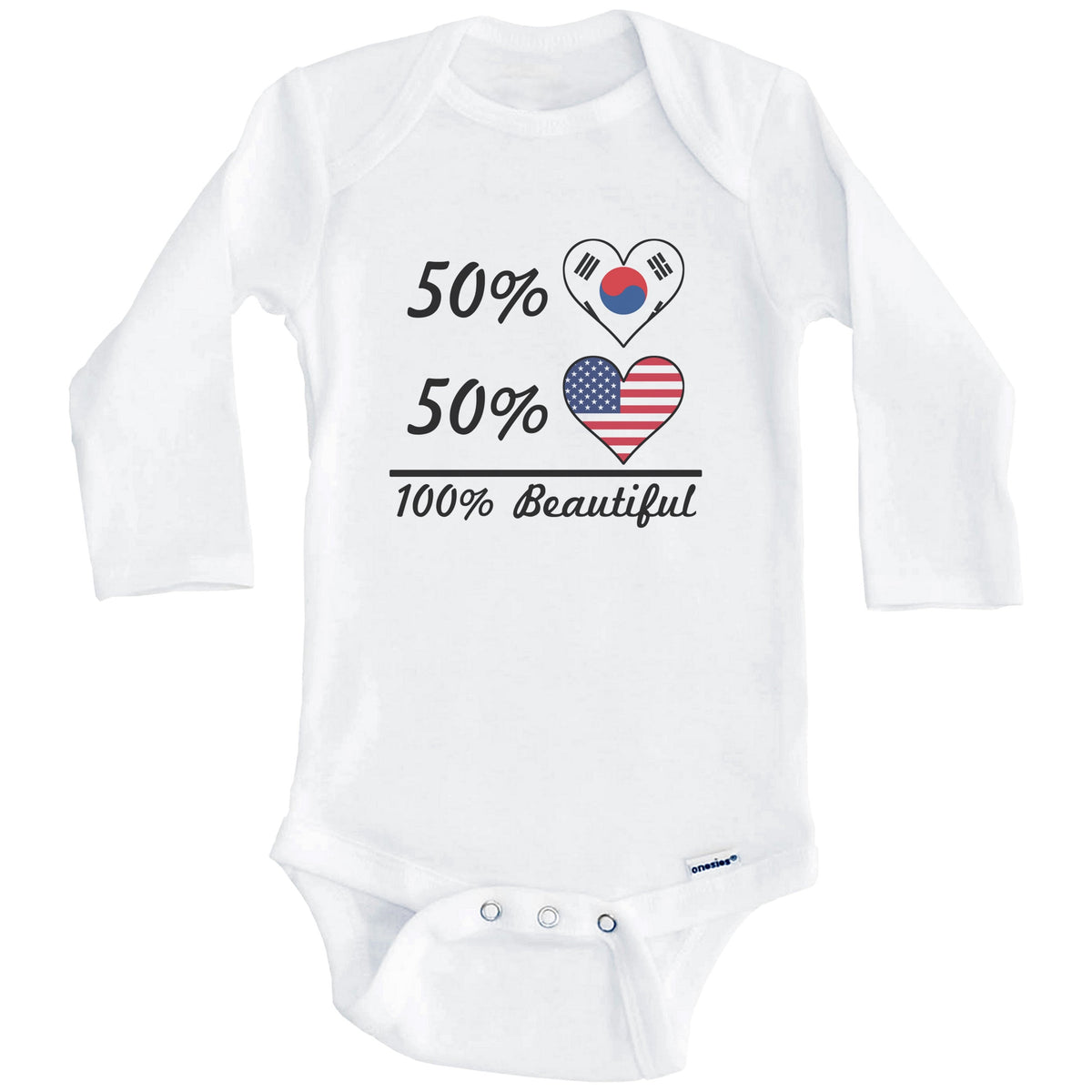 50% Korean 50% American 100% Beautiful South Korea Flag Heart Baby Onesie (Long Sleeves)