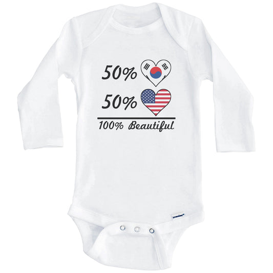 50% Korean 50% American 100% Beautiful South Korea Flag Heart Baby Onesie (Long Sleeves)