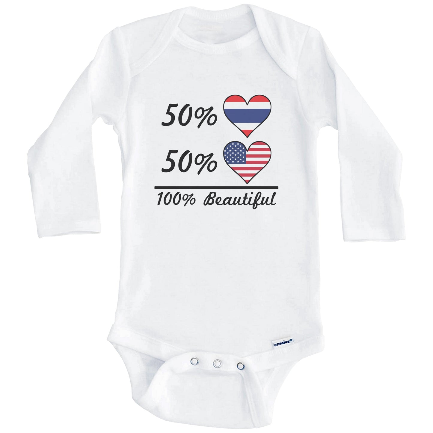 50% Thai 50% American 100% Beautiful Thailand Flag Heart Baby Onesie (Long Sleeves)