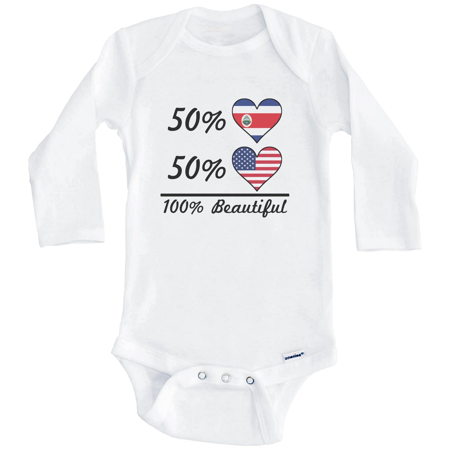 50% Costa Rican 50% American 100% Beautiful Costa Rica Flag Heart Baby Onesie (Long Sleeves)