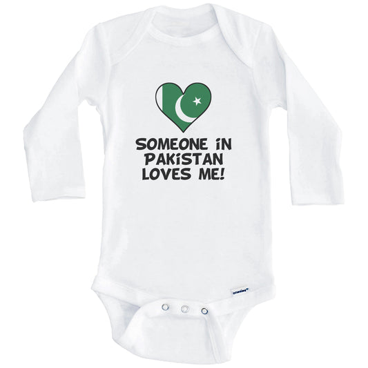 Someone In Pakistan Loves Me Pakistani Flag Heart Baby Onesie (Long Sleeves)