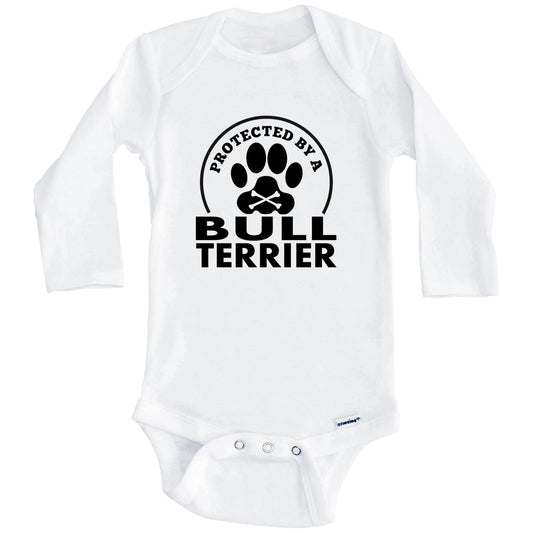 Protected By A Bull Terrier Funny Baby Onesie (Long Sleeves)
