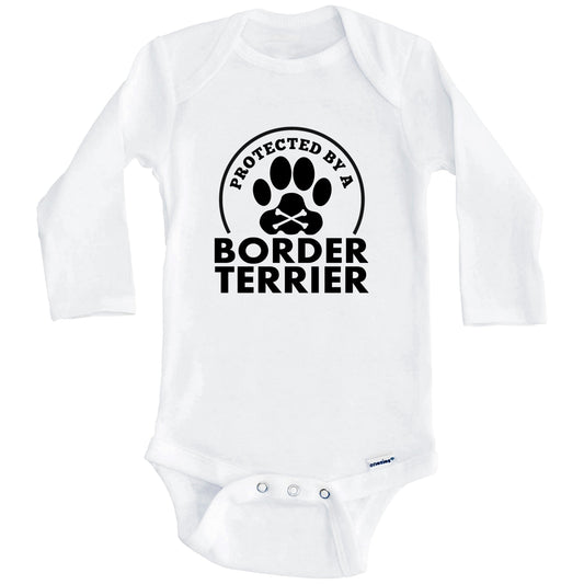 Protected By A Border Terrier Funny Baby Onesie (Long Sleeves)