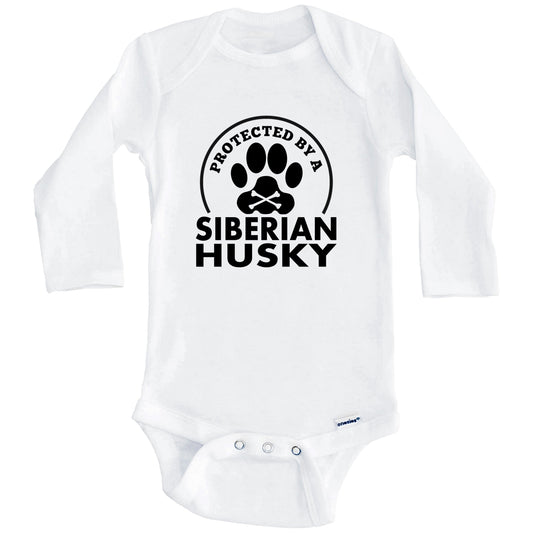 Protected By A Siberian Husky Funny Baby Onesie (Long Sleeves)