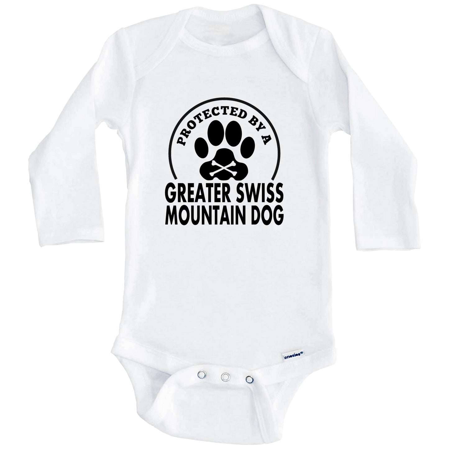 Protected By A Greater Swiss Mountain Dog Funny Baby Onesie (Long Sleeves)