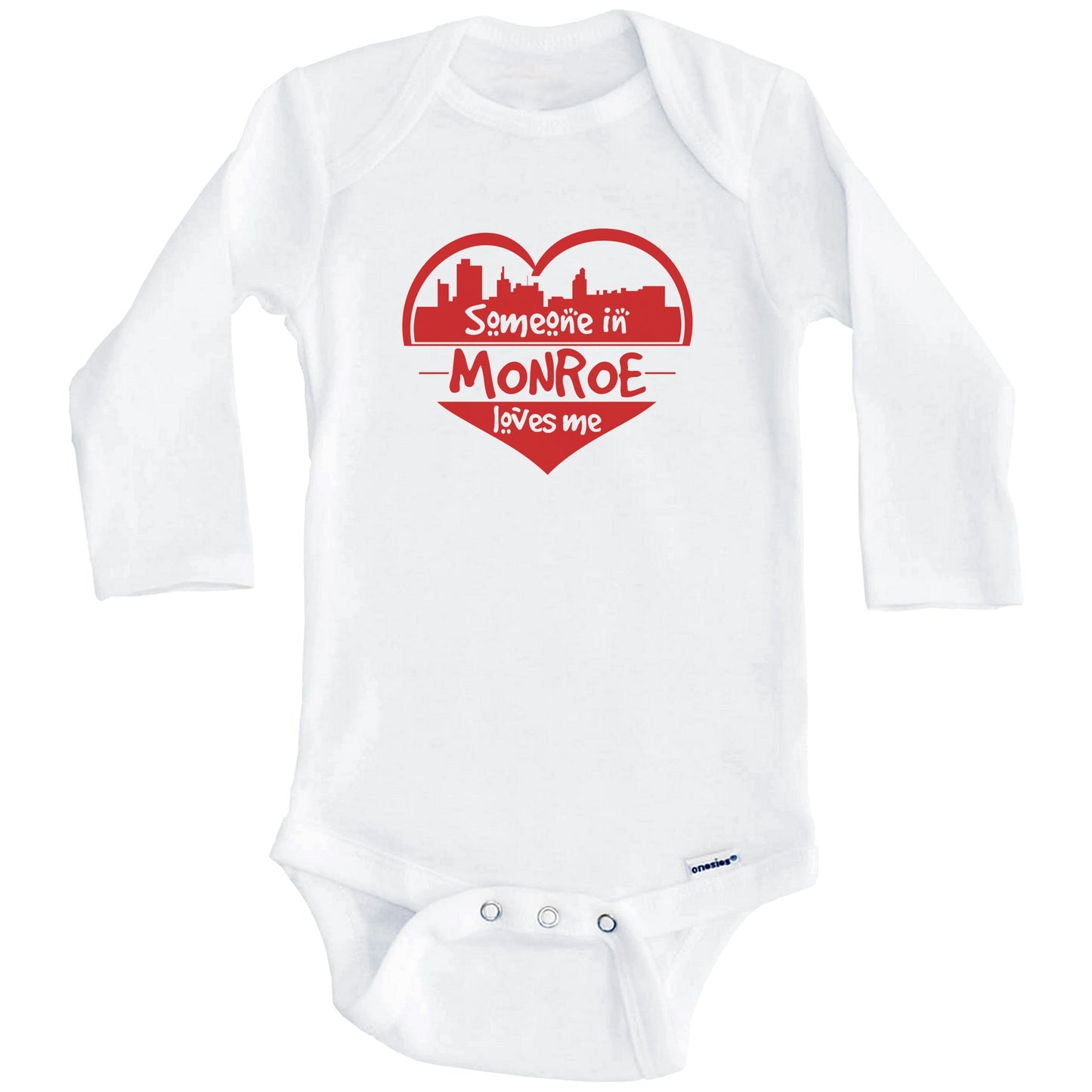 Someone in Monroe Loves Me Monroe Louisiana Skyline Heart Baby Onesie (Long Sleeves)