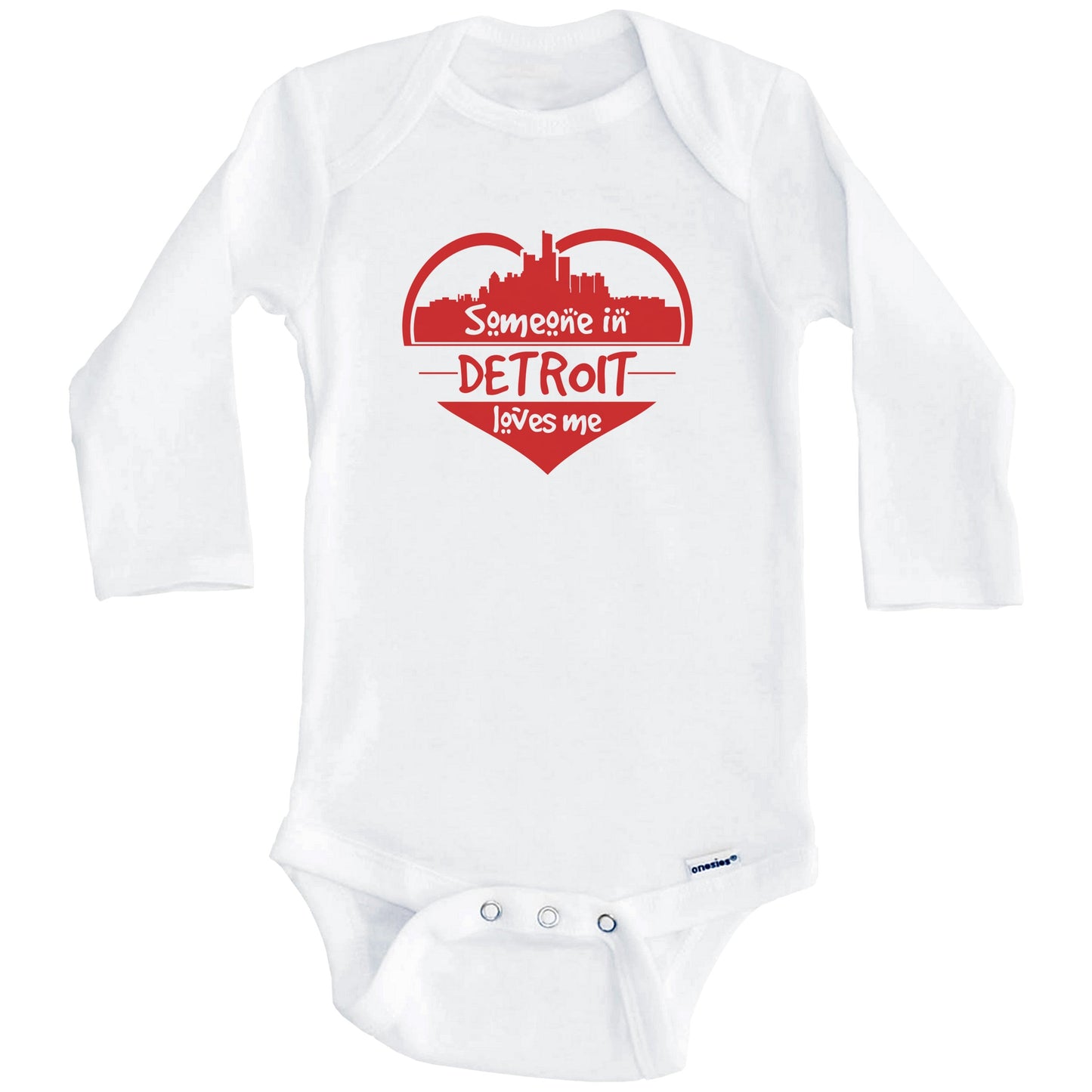 Someone in Detroit Loves Me Detroit Michigan Skyline Heart Baby Onesie (Long Sleeves)