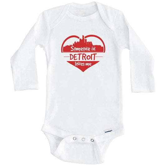 Someone in Detroit Loves Me Detroit Michigan Skyline Heart Baby Onesie (Long Sleeves)