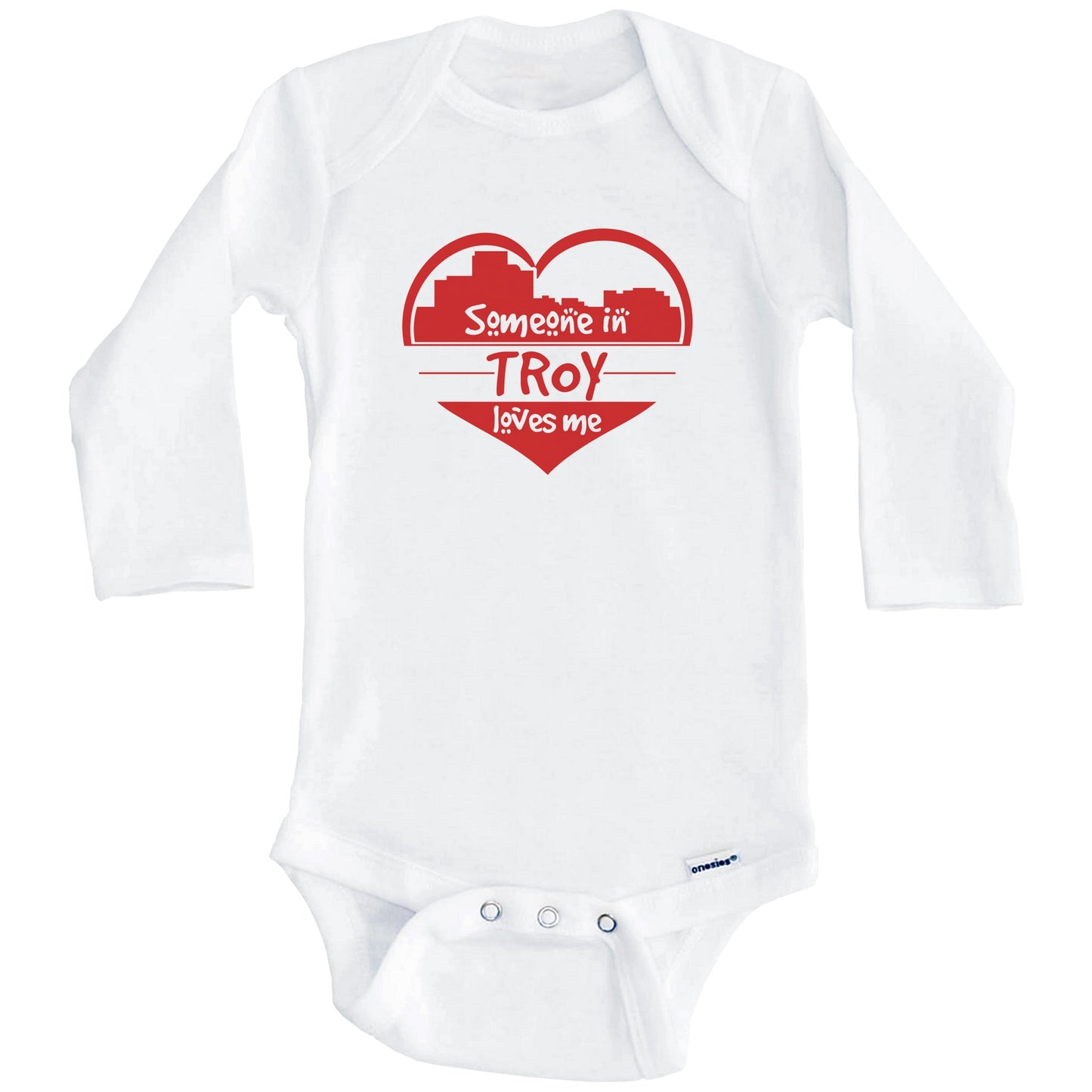 Someone in Troy Loves Me Troy Michigan Skyline Heart Baby Onesie (Long Sleeves)