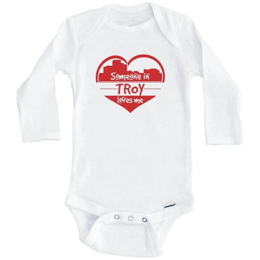 Someone in Troy Loves Me Troy Michigan Skyline Heart Baby Onesie (Long Sleeves)