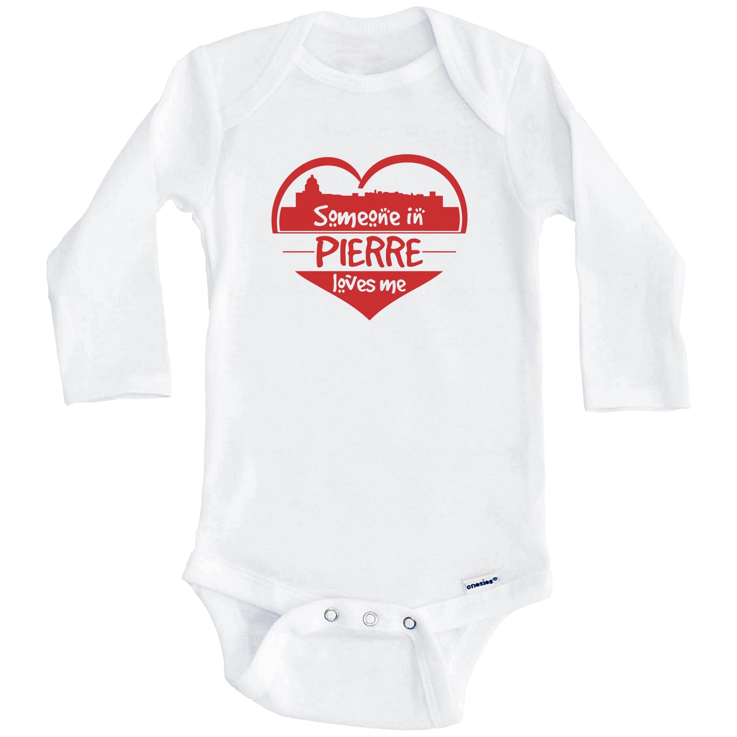 Someone in Pierre Loves Me Pierre South Dakota Skyline Heart Baby Onesie (Long Sleeves)