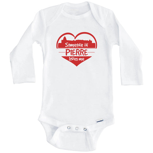 Someone in Pierre Loves Me Pierre South Dakota Skyline Heart Baby Onesie (Long Sleeves)
