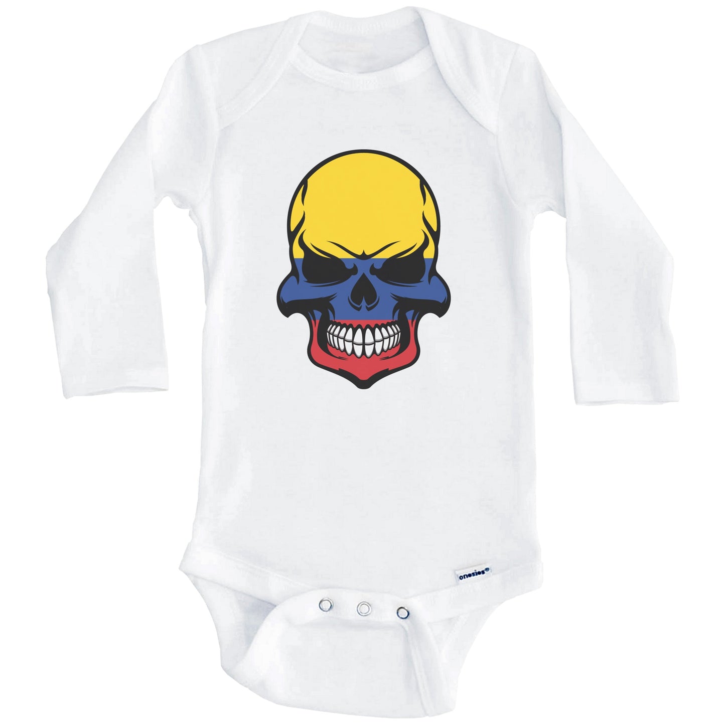 Colombian Flag Skull Cool Colombia Skull Baby Onesie (Long Sleeves)