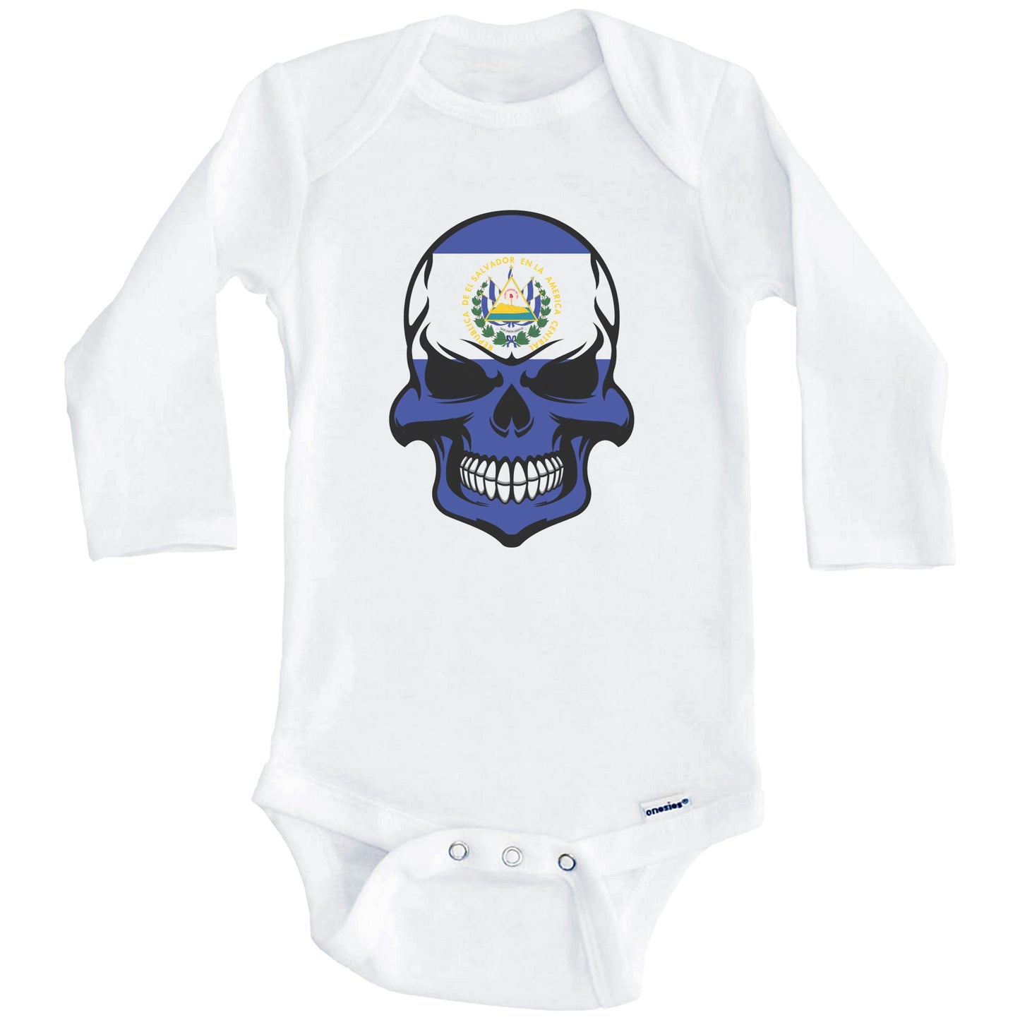 El Salvadorian Flag Skull Cool El Salvador Skull Baby Onesie (Long Sleeves)