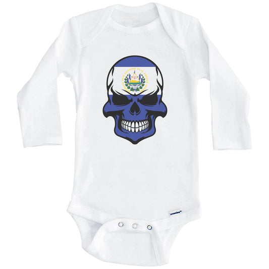El Salvadorian Flag Skull Cool El Salvador Skull Baby Onesie (Long Sleeves)