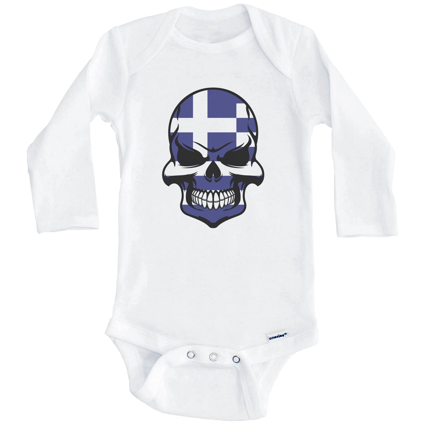 Greek Flag Skull Cool Greece Skull Baby Onesie (Long Sleeves)