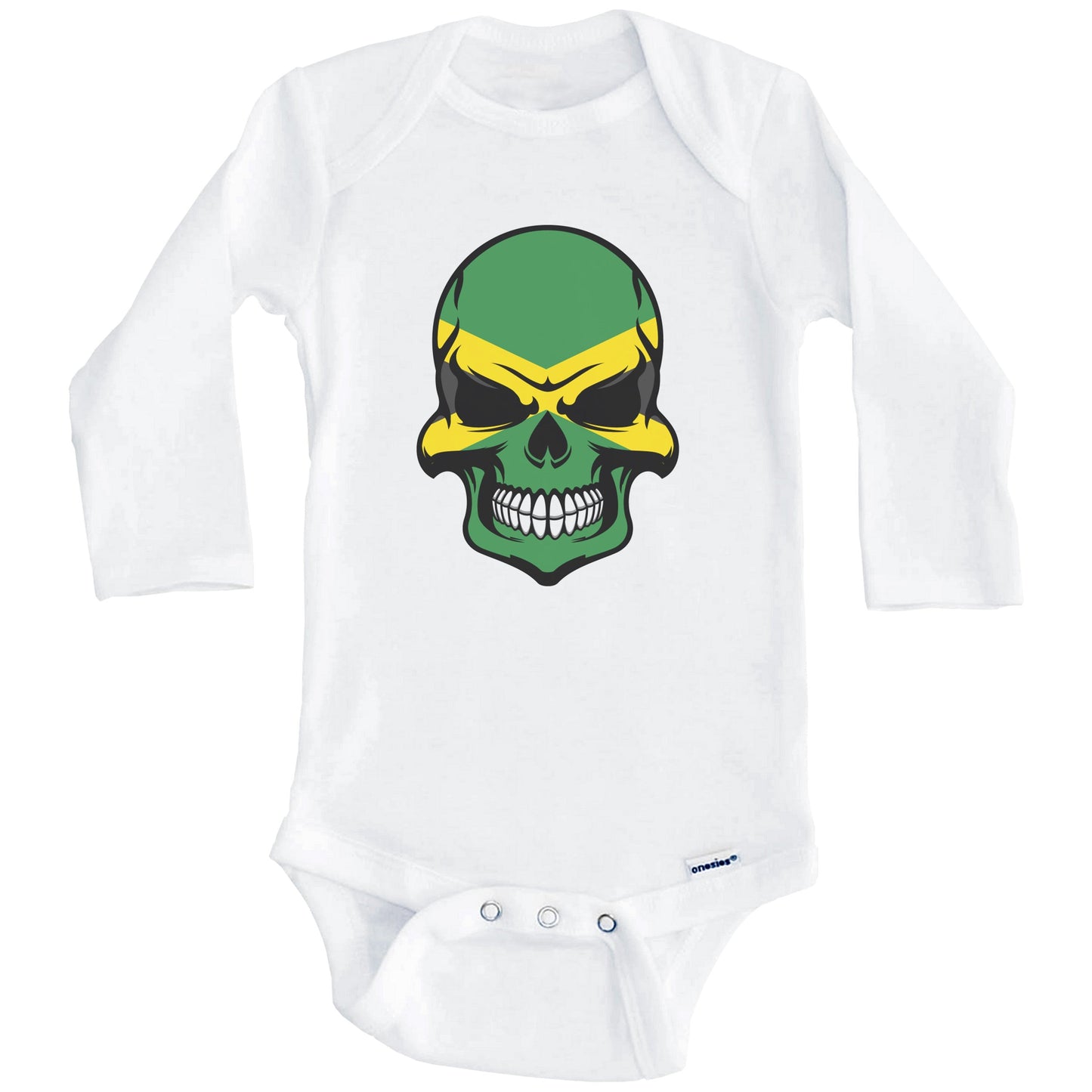 Jamaican Flag Skull Cool Jamaica Skull Baby Onesie (Long Sleeves)