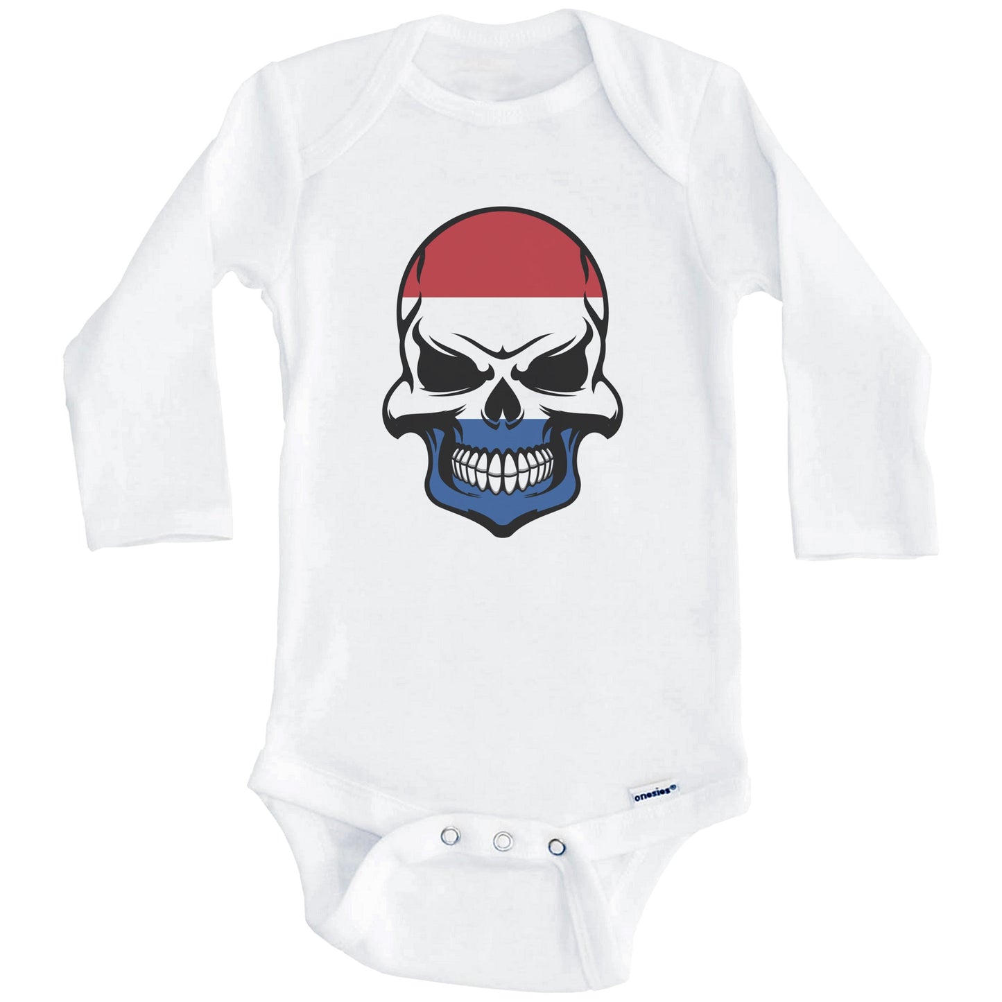 Dutch Flag Skull Cool Netherlands Skull Baby Onesie (Long Sleeves)