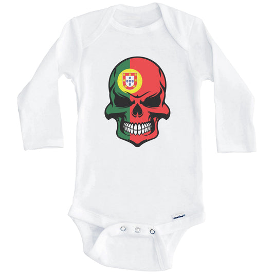 Portuguese Flag Skull Cool Portugal Skull Baby Onesie (Long Sleeves)