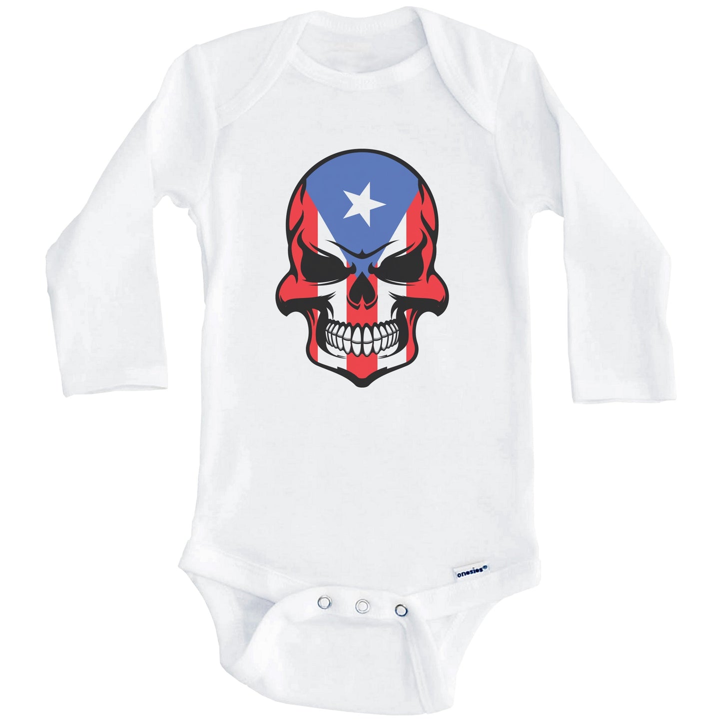 Puerto Rican Flag Skull Cool Puerto Rico Skull Baby Onesie (Long Sleeves)