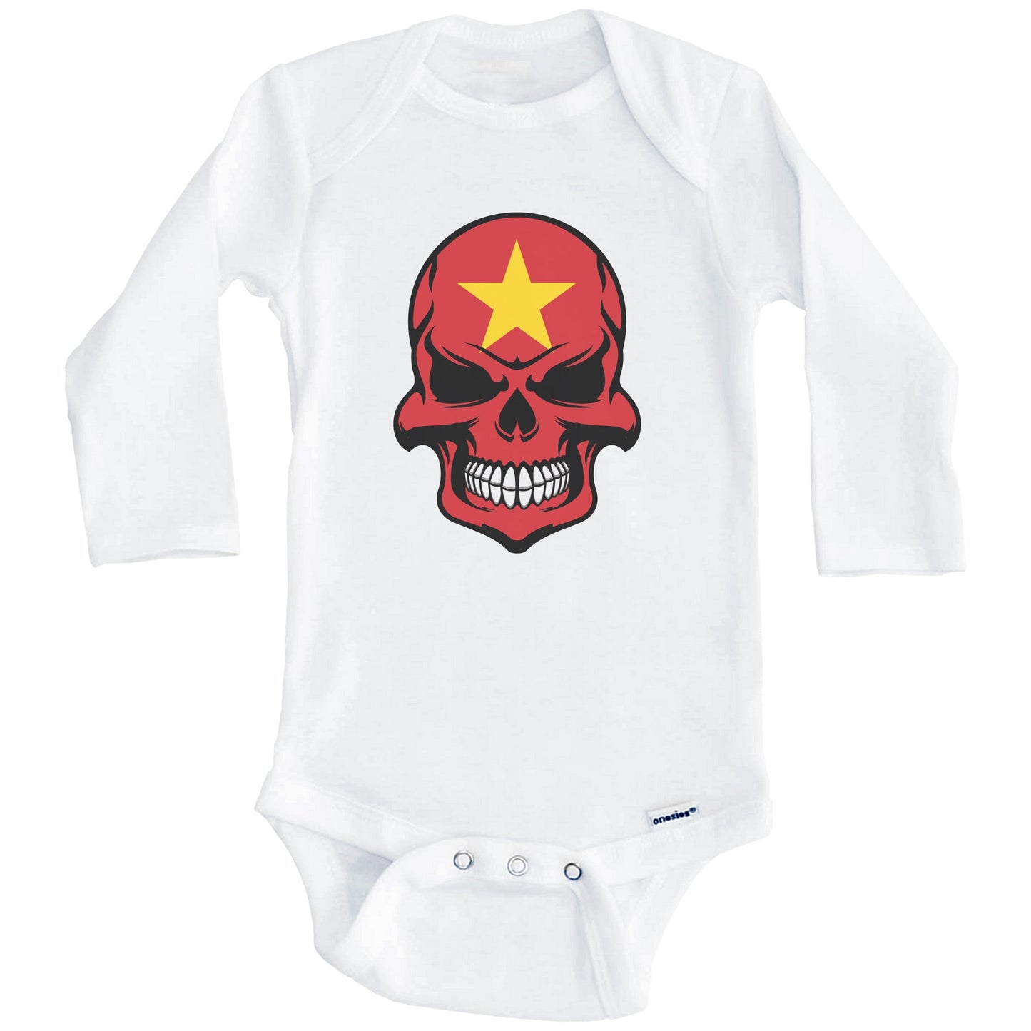 Vietnamese Flag Skull Cool Vietnam Skull Baby Onesie (Long Sleeves)