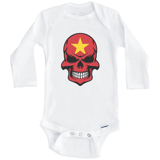Vietnamese Flag Skull Cool Vietnam Skull Baby Onesie (Long Sleeves)