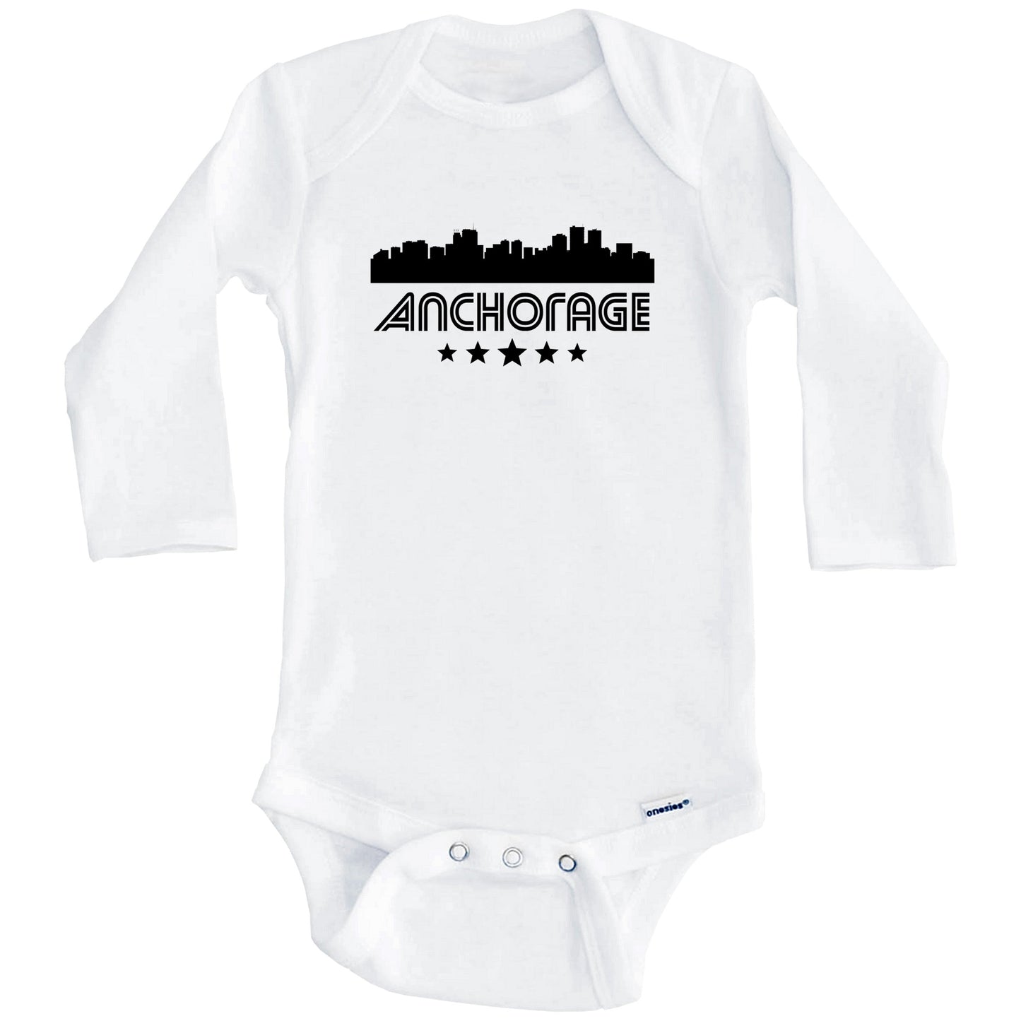 Anchorage Alaska Skyline Retro Style Baby Onesie (Long Sleeves)