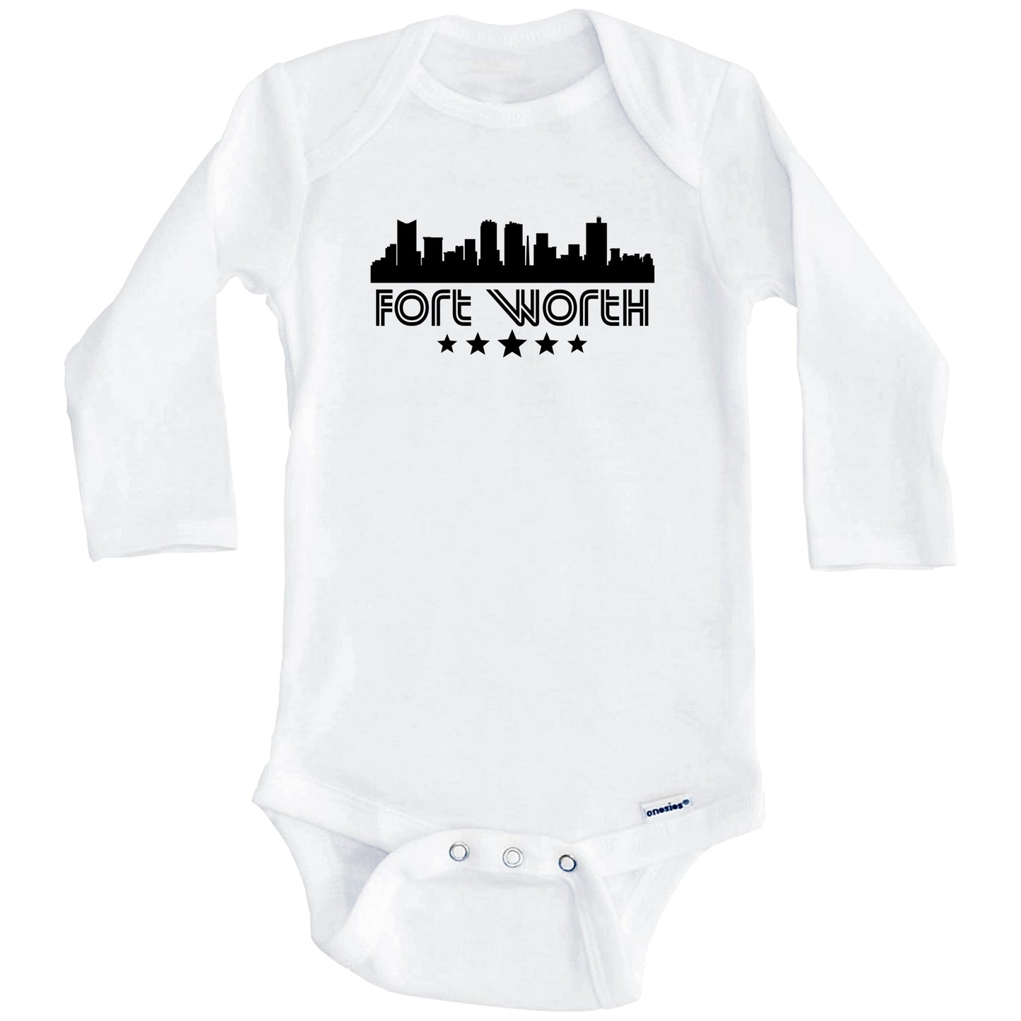 Fort Worth Texas Skyline Retro Style Baby Onesie (Long Sleeves)