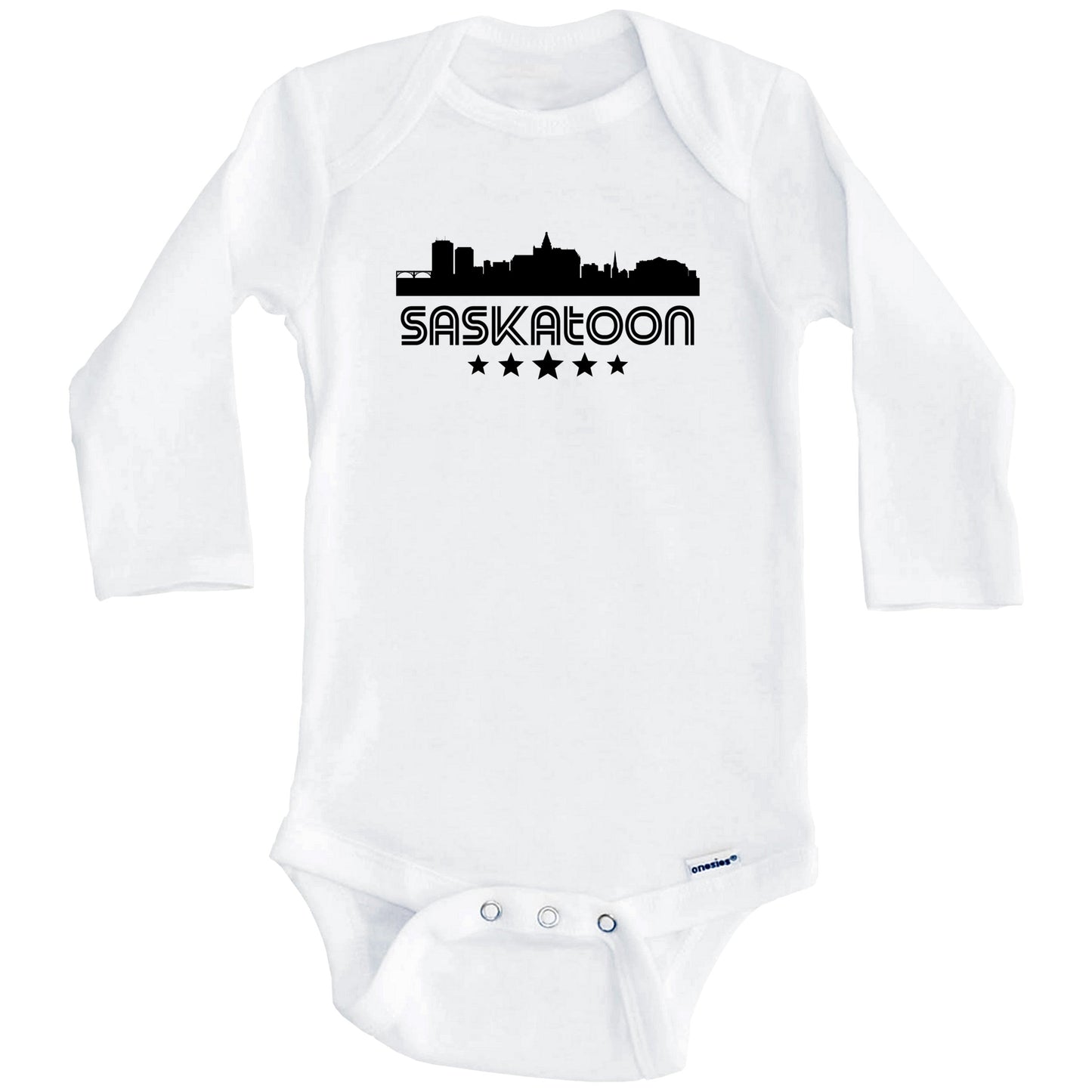 Saskatoon Saskatchewan Skyline Retro Style Baby Onesie (Long Sleeves)