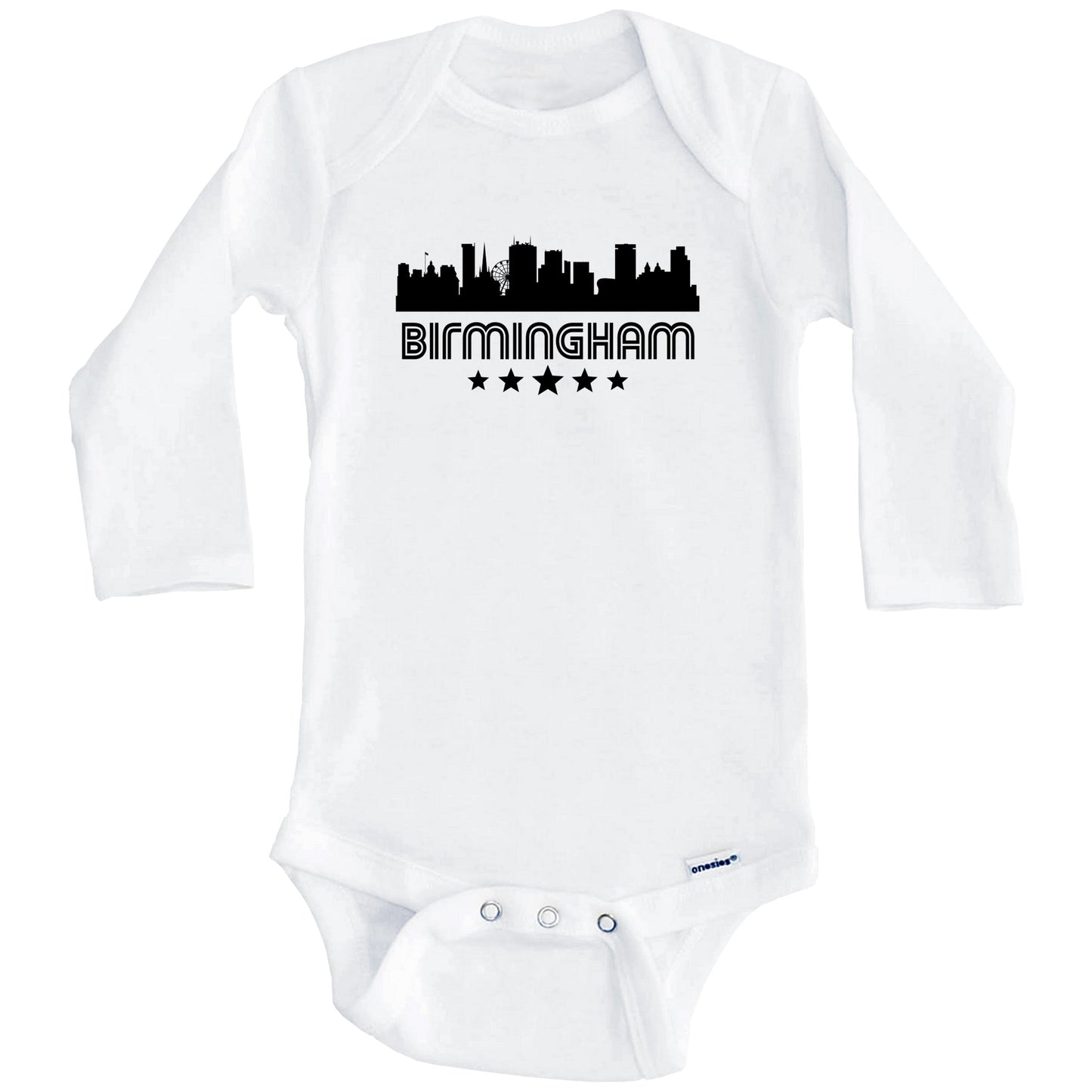 Birmingham England Skyline Retro Style Baby Onesie (Long Sleeves)
