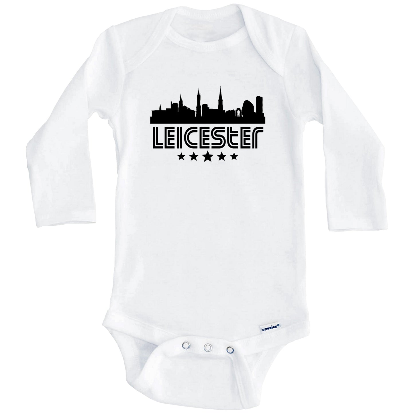 Leicester England Skyline Retro Style Baby Onesie (Long Sleeves)