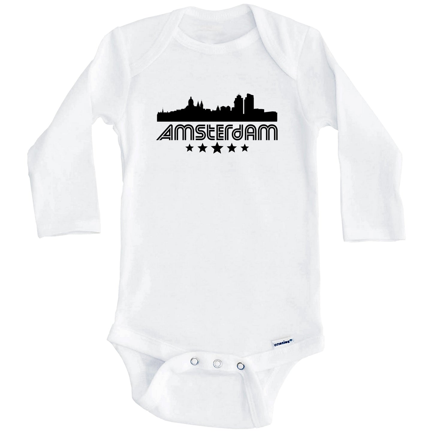Amsterdam Netherlands Skyline Retro Style Baby Onesie (Long Sleeves)
