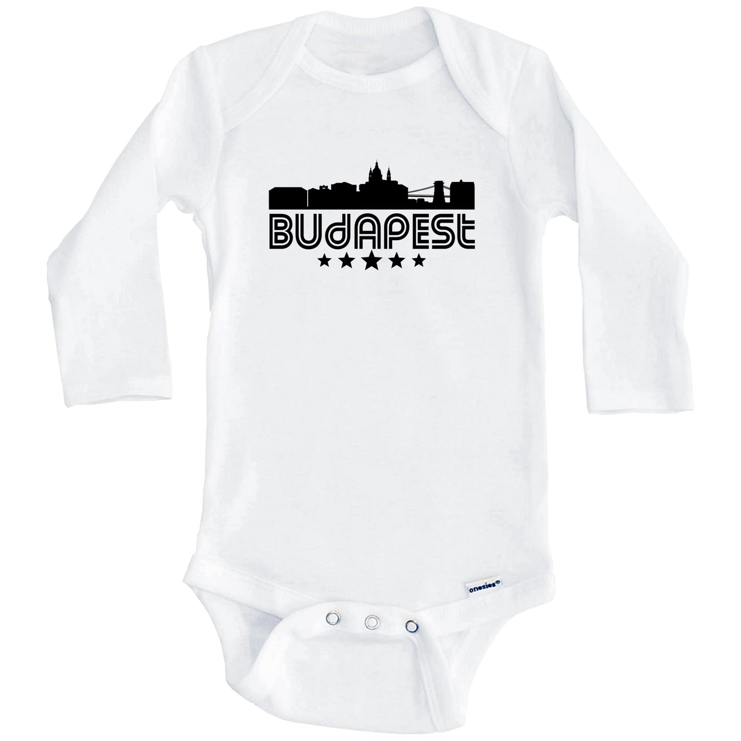 Budapest Hungary Skyline Retro Style Baby Onesie (Long Sleeves)