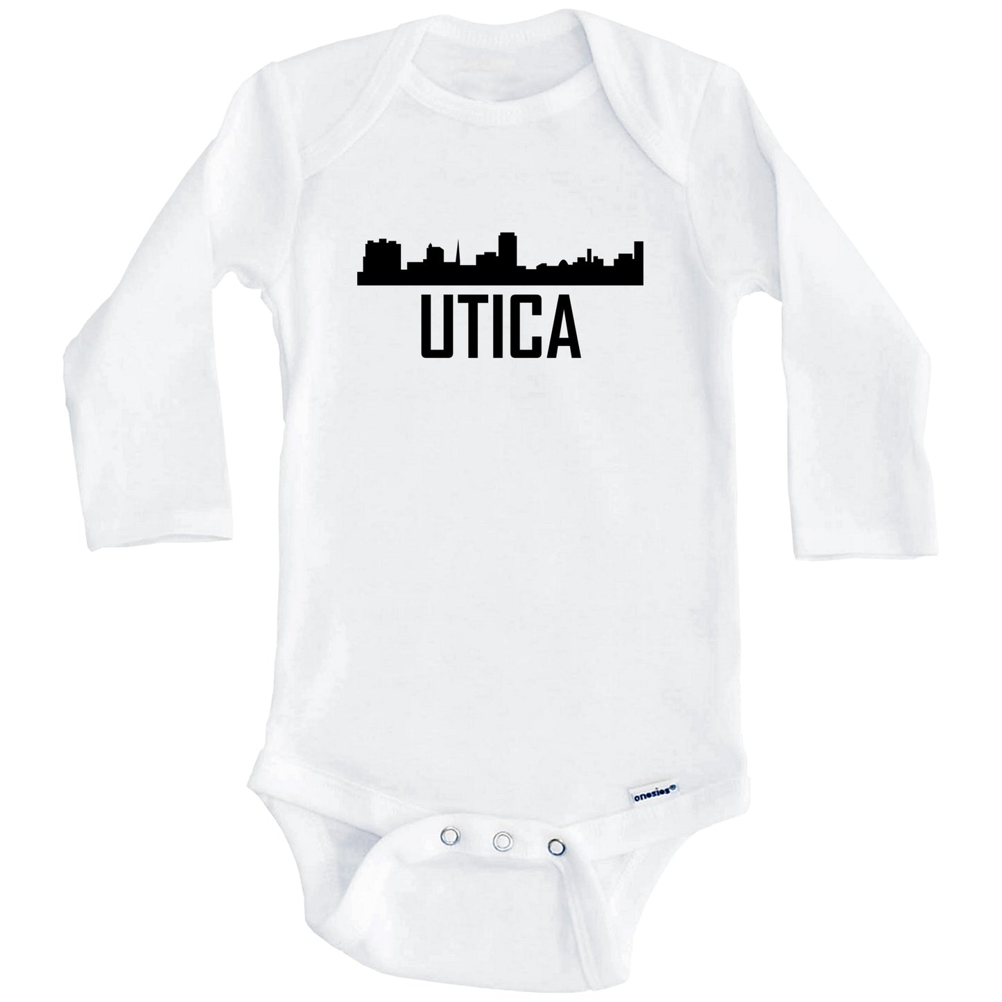 Utica New York Skyline Silhouette Baby Onesie (Long Sleeves)